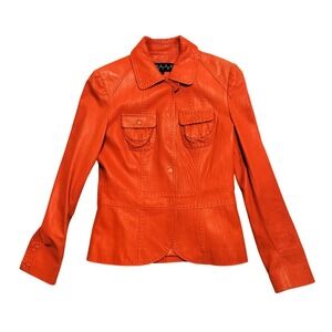 Ross Mayer Leather Tailored Jacket Orange Versatile Edgy Hand Stitched Snap